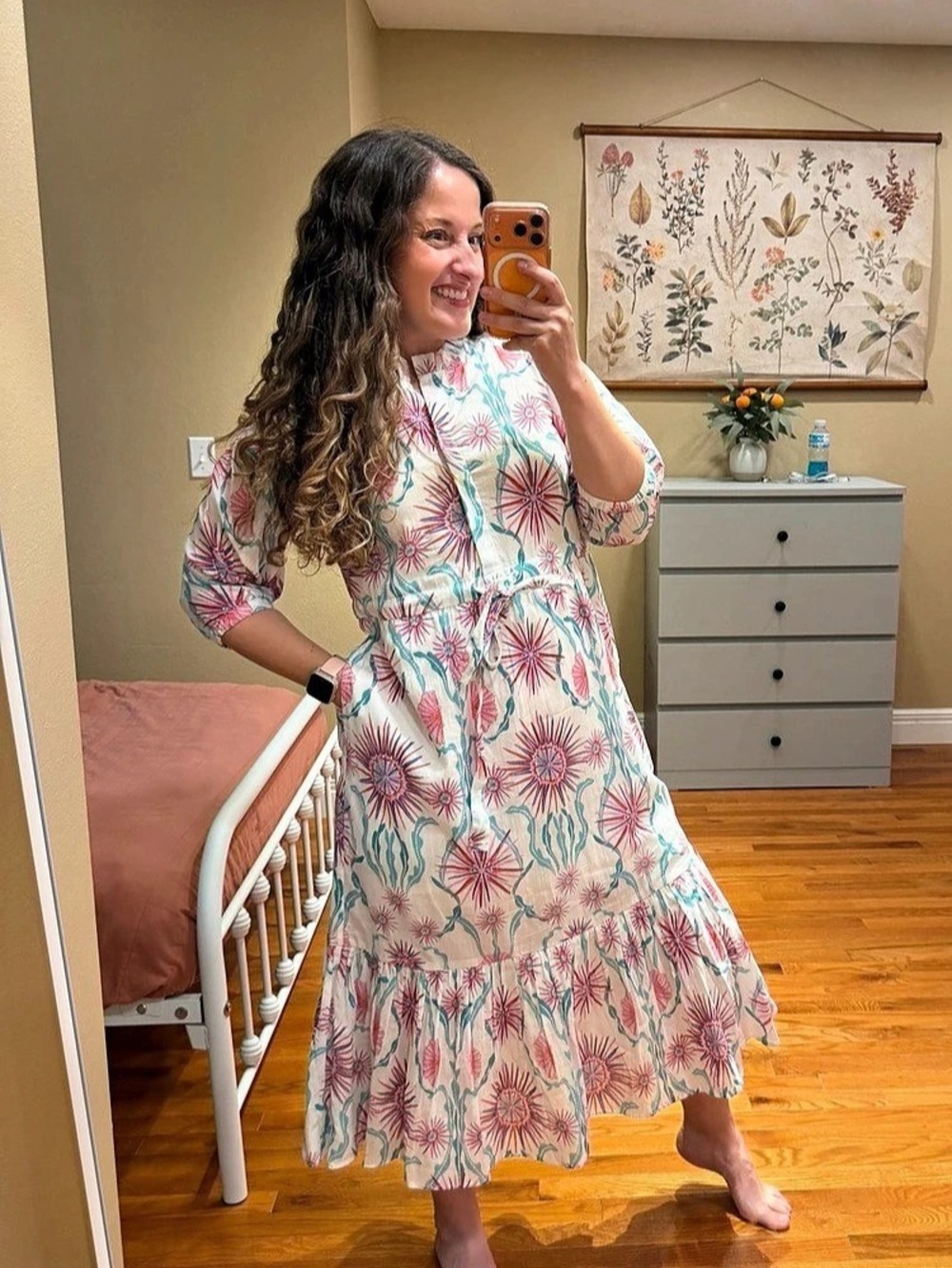 Tuckernuck Banjanan Bazaar Floral Midi Dress in White & Pink Size Small Cotton - Picture 3 of 12